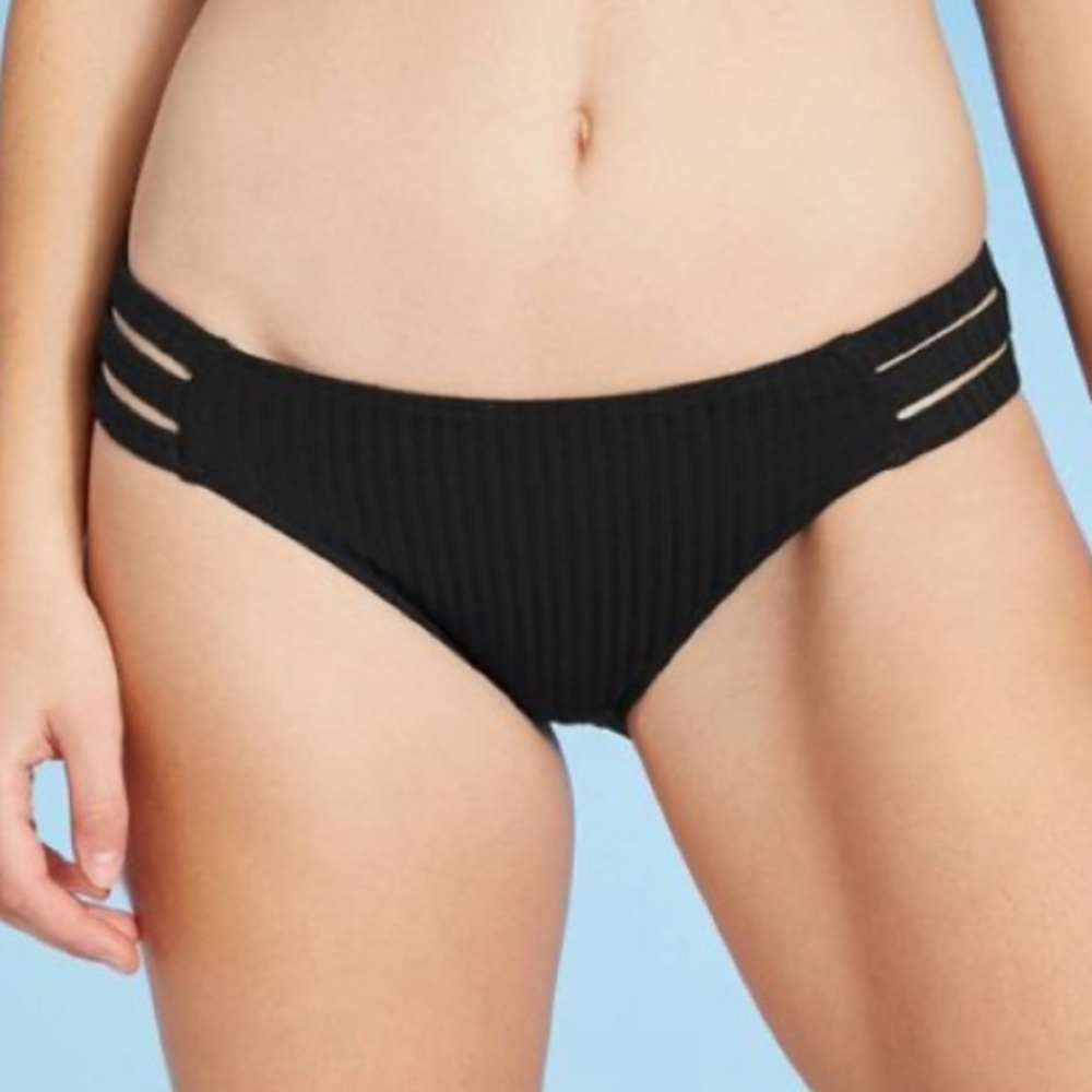 Ribbed Strappy Side Cheeky Black Bikini Bottom
